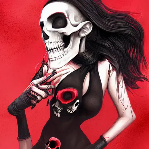 Prompt: Female death holding a (((red and black skull))), kodachrome, high contrast, highly detailed, sharp focus, digital painting, concept art, illustration, trending on artstation