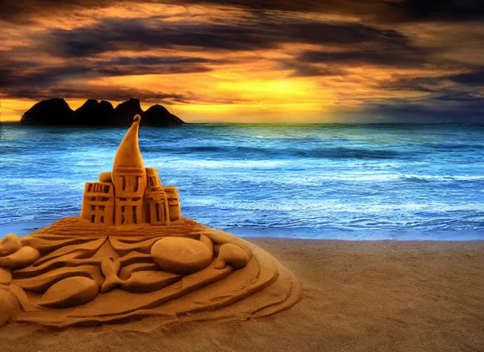 Image similar to beautiful sand sculpture on the beach, 8 k, matte painting, in the style of artist, ann stokes