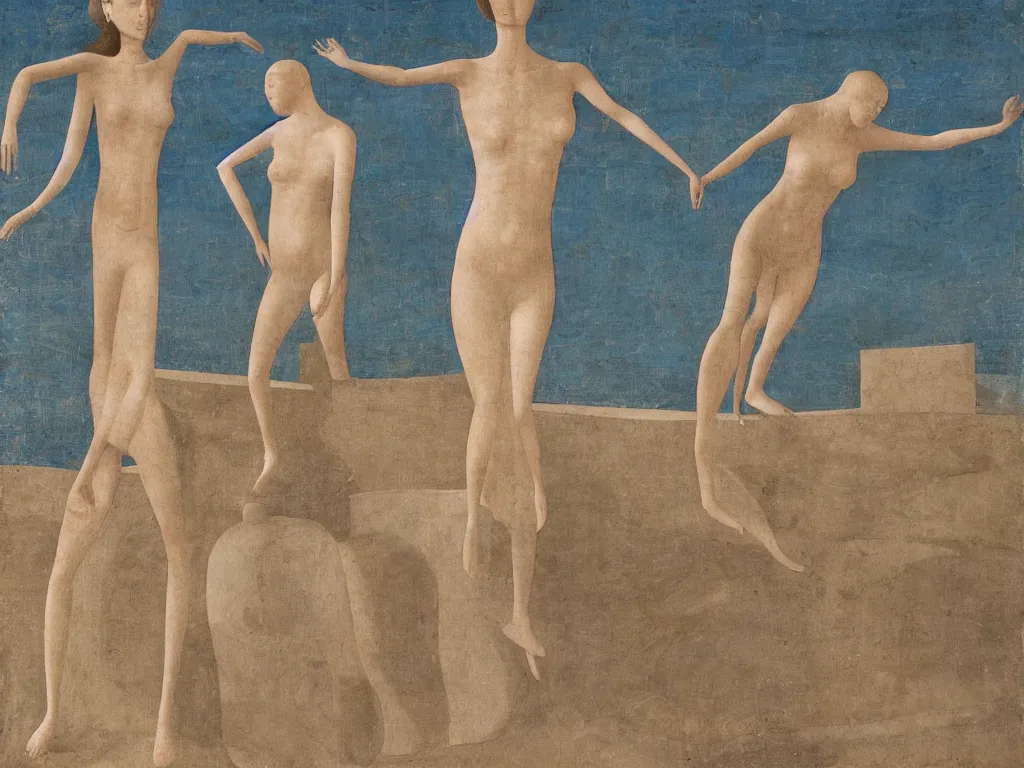 Prompt: Elongated woman sculpted by Henri Moore taking a bath in a river that crosses the streets of a deserted, brutalist city that now fills with dust, sand, smoke. Blighted thujas. Painting by Piero della Francesca, Morandi, Alex Colville