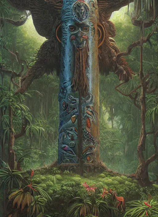 Prompt: a totem in the jungle representing amazonian shamanic tradition, tribal masks, totem, hyper detailed, art by christophe vacher