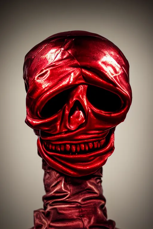 Image similar to chrome one eyed cyclop cracked skull statue layed on a red silk fabric, by hedi xandt and antonio corradini, macabre art, dark surrealism, epic and cinematic view, volummetric light, texturized, detailed, 8 k