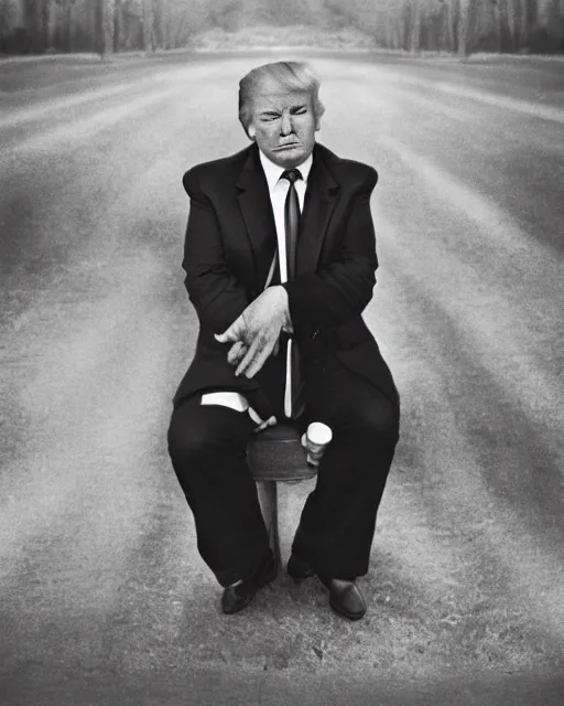 Image similar to if donald trump became a hippie, photoshoot in the style of diane arbus, hyperreal