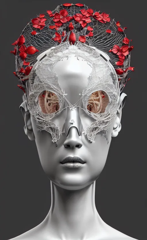 Prompt: complex 3d render ultra detailed of a beautiful porcelain profile woman face, mechanical cyborg, 150 mm, beautiful 3 point lighting, rim light, silver gold red details, luxurious magnolia with leaves and stems, roots, Alexander Mcqueen haute couture, fine foliage lace, mesh wire, filigran intricate details, hyperrealistic, mandelbrot fractal, anatomical, robotic parts, facial muscles, cable electric wires, microchip, elegant, octane render, 8k post-processing