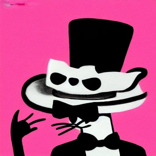 Prompt: a black and white cat wearing a top hat, a pastel by puru, a pop art painting by hanns katz, pixiv contest winner, vanitas, smokey background, pop art, behance, guantum wavetracing, contest winner, made of trash