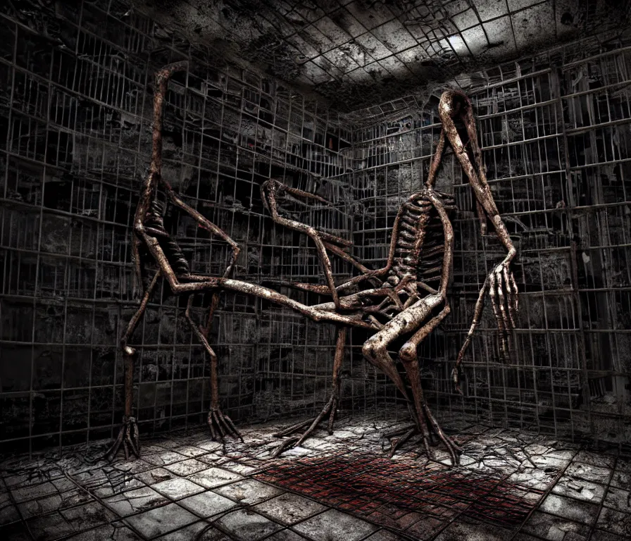 Image similar to creepy huge suffering humanoid with long limbs sits on the floor. An underground very dark gloomy multi-layered structure of rusty thick iron grates, dense chain-link fencing and peeling walls. Inside view, collapsed floors, bent rusted iron, masterpiece, black background, corners, cinematic, hyperdetailed, photorealistic, hyperrealism, octane render, 8k, depth of field, bokeh, architecture, shadows, art by Zdzisław Beksiński, Dariusz Zawadzki