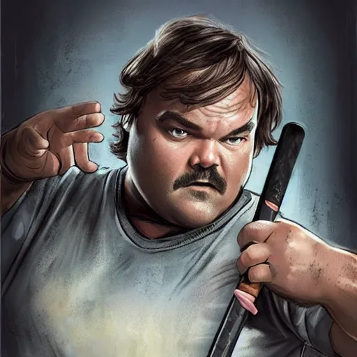 Prompt: jack black in the apocalypse picking up a baseball bat, concept art