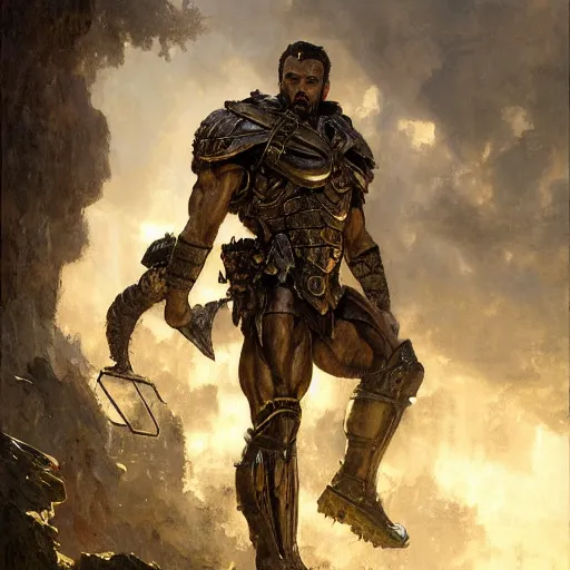 Image similar to handsome portrait of a spartan guy bodybuilder posing, radiant light, caustics, war hero, metal gear, steel bull run, lush moss surroundings, by gaston bussiere, bayard wu, greg rutkowski, giger, maxim verehin