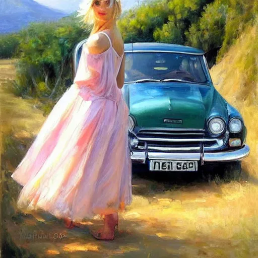 Image similar to painting volegov car blonde woman volcano!!!