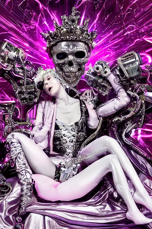 Image similar to full-body rococo and cyberpunk style neon statue of a young attractive portugues macho dotado android reclining sim roupa con piroca, glowing white laser eyes, prince crown of pink gears, diamonds, swirling silver-colored silk fabric. futuristic elements. full-length view. space robots. human skulls. intricate artwork by caravaggio. Trending on artstation, octane render, cinematic lighting from the right, hyper realism, octane render, 8k, depth of field, 3D