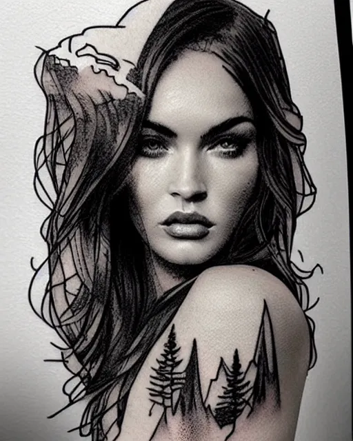 Image similar to creative double exposure effect tattoo design sketch of megan fox with beautiful mountains, realism tattoo, in the style of andrey lukovnikov, amazing detail, sharp