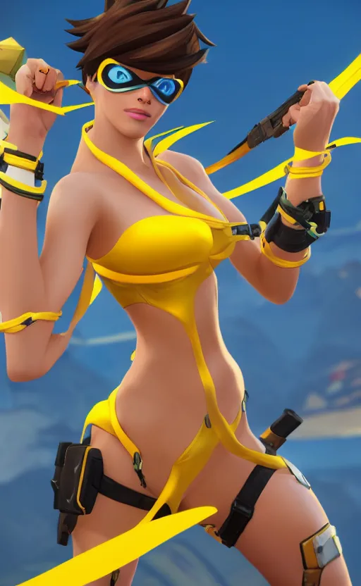 Image similar to tracer game character, in yellow bikini, blonde hair, black eyes, full height