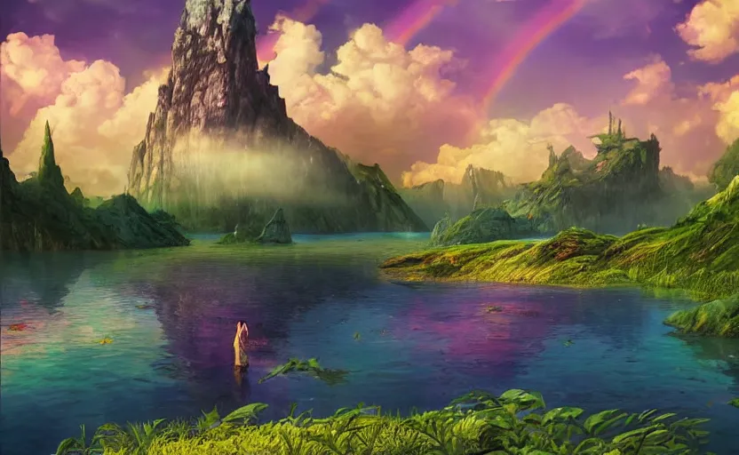 Prompt: a beautiful art of lake in foregraund and rainbow colored sky on background by Miyazaki Nausicaa Ghibli, 8K, hyper detailed, 20K, realistic, product lighting, by onesal, by sixnfive , behance 3d , studio photography DSLR, Photoreal epic composition