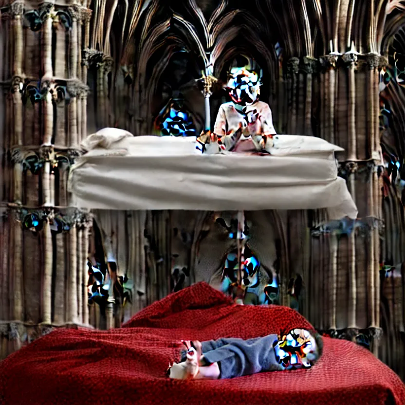 Image similar to a child sitting in a bed, screaming. the bed is inside a gothic cathedral. under the bed is a hideous laughing demon dressed as a catholic priest. religious symbols, digital art, hyperrealistic nightmare, terrifying, supernatural, highly detailed, creepy