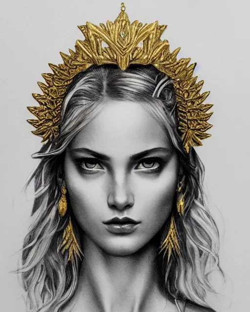 Image similar to front view of beautiful aphrodite greek goddess wearing a gold laurel wreath and triangle earrings, realism tattoo sketch, beautiful piercing eyes with sharp pupils, beautiful blonde hair, in the style of greg rutkowski, fantasy, amazing detail, epic, elegant, smooth, sharp focus