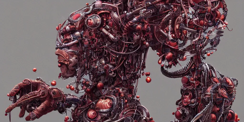 Image similar to hyperrealistic photography of a highly detailed and symmetrical cyborg crafting a machine that makes maroon flowers in the style of Jin Kagetsu, James Jean and wlop, highly detailed, masterpiece, award-winning, sharp focus, intricate concept art, ambient lighting, 8k, artstation