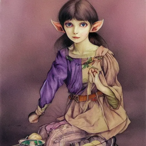 Prompt: little elf tomboy, purple tunic, soft hair. light color palate, detailed soft painting, ayami kojima, anatomically correct, inspired in balthus