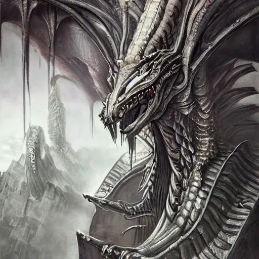 Prompt: Giger portrait of the dragon queen, Dragon in dragon lair, HD, full body dragon concept, flying dragon, Human body with dragon features, ray tracing, 4k realistic 3d rendered portrait, soft shading, soft colors, relaxed colors, hyperdetailed, wide angle lens, fantasy, futuristic horror, style of giger