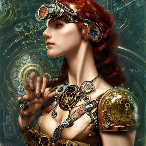 Image similar to A steampunk beautiful goddess, she half human and half android, she is embellished with gears wheels and gemstones, by William Holman Hunt, Greg Rutkowski, Stanely Artgerm, Tooth Wu, Peter Gric, Aaron Horkey, trending on Artstation, digital art, mythological, symmetrical artwork, cinematic lighting, hyper realism, high detail, octane render, ultra realistic, golden ratio, 4k, 8k