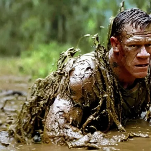 Prompt: film still of john cena as major dutch, covered in mud and hiding, predator!!!!!!!! looks for him in swamp scene in 1 9 8 7 movie predator, hd, 8 k