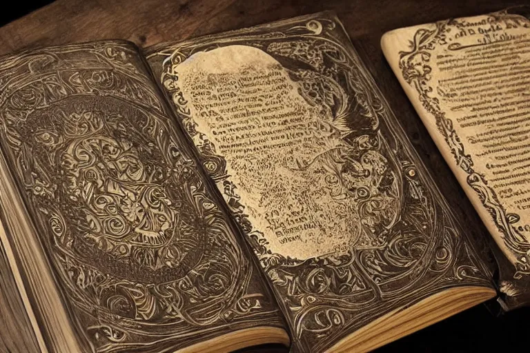 Prompt: A Myst book on a dark wood table, ornate, intricate details, high fantasy