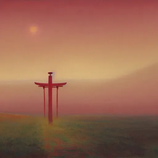 Image similar to A beautiful painting of A Torii over a plain by Zdzisław Beksiński and Ilya Repin,In style of Post-Apocalyptic.digital art, illustration,hyper detailed,smooth, sharp focus,trending on artstation,oil on the canvas,4k