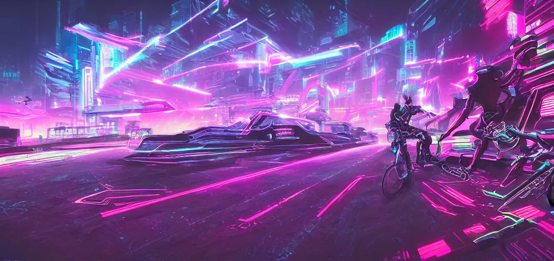 Prompt: cyberpunk, synthwave, vaporware aesthetics, darksynth, synthwave, retrowave, plain shading, neon, highly detailed aerial digital art of a tron cyberbike race, drone shot