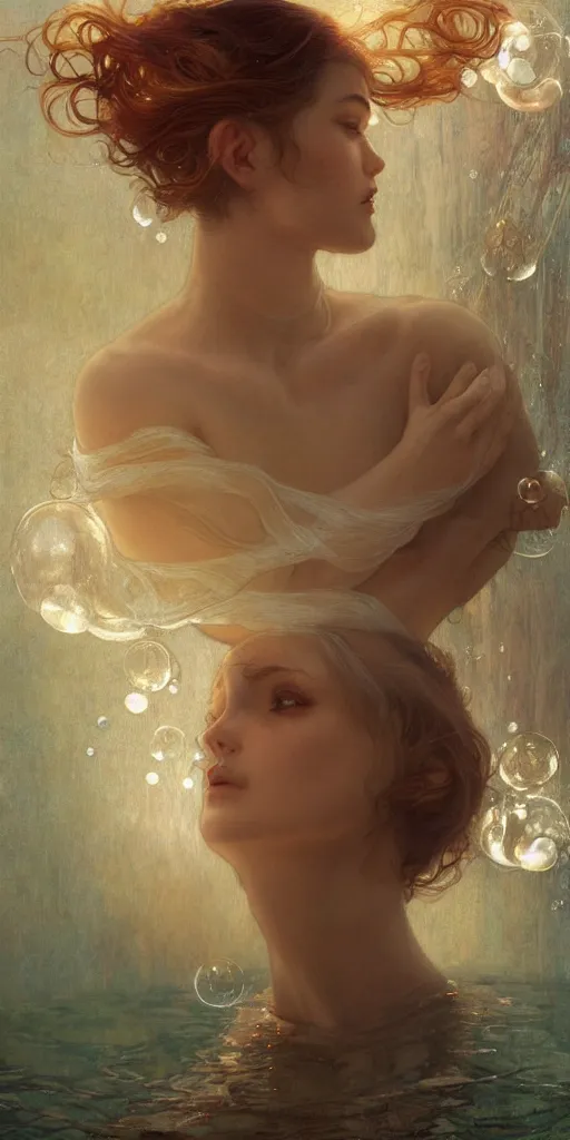 Image similar to hyper realist matte digital painting of a beautiful woman, floating in water, bubbles rising, fantasy art, photo realistic, dynamic lighting, artstation, volumetric lighting, by mucha, by charlie bowater, by karol bak, by alma tadema