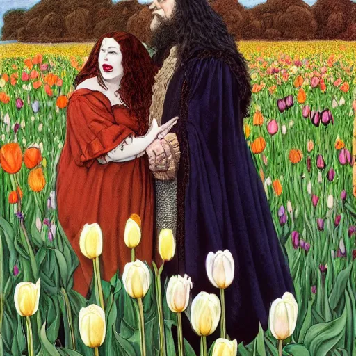 Image similar to hagrid the viking and morticia addams kiss in a field of tulips, masterpiece, highly detailed, oil on canvas, art by rebecca guay