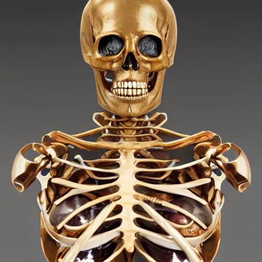 Prompt: female torso and head in curved position with visible gems inlaid in skin with anatomic description, antique style, skeleton, gems, cameo, gold, 8k, details, studio lighting, realism, complex lights