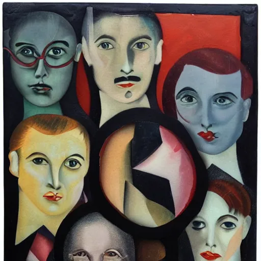 Prompt: A collage painting of multiple personalities in the style of Raoul Hausmann