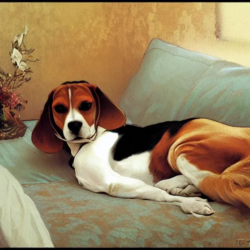 Image similar to a beagle lying on the bed, digital painting, smooth, elegant, hd, art by wlop and artgerm and greg rutkowski and alphonse mucha