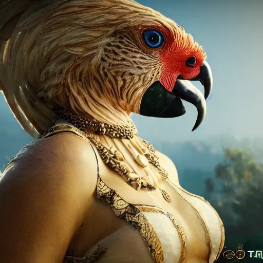 Prompt: a goddess with a big parrot. fantasy magic style. highly detailed 8 k. intricate. lifelike. soft light. sony a 7 r iv 5 5 mm. unreal engine with nanite and path tracing