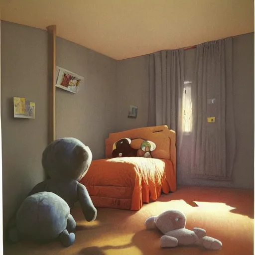 Image similar to An IKEA catalogue photo of a childrens bedroom, with huge cuddly toys, by Beksinski