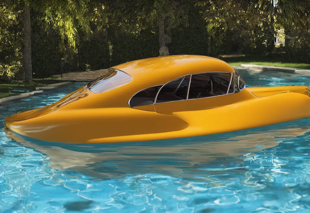 Prompt: art installation of a 50s sport car floating on a pool of bright water. (((complementary colors. national geographic. 8k, rendered in octane, smooth gradients. soft natural volumetric cinematic light. subsurface scattering. sculpture by antonio canova.)))