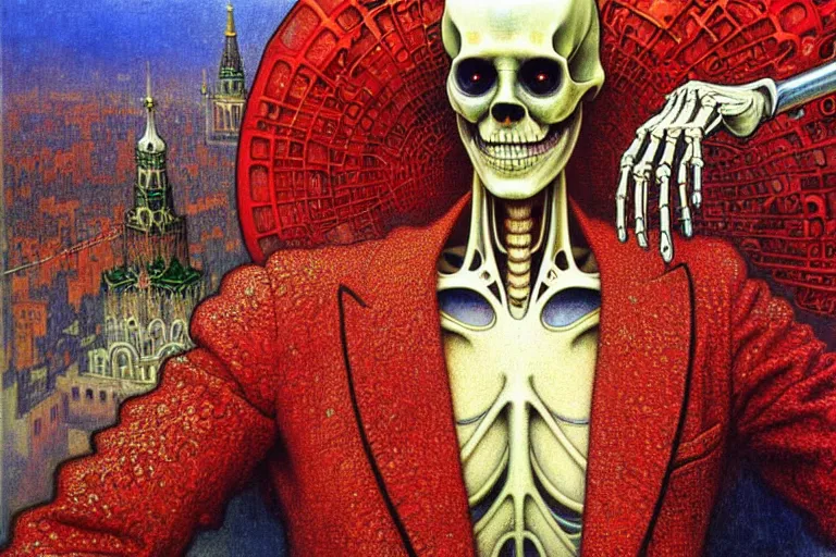 Image similar to realistic detailed closeup portrait painting of a single skeleton wearing red velvet blazer in a crowded futuristic moscow street by Jean Delville, Amano, Yves Tanguy, Alphonse Mucha, Ernst Haeckel, Edward Robert Hughes, Roger Dean, rich moody colours, blue eyes