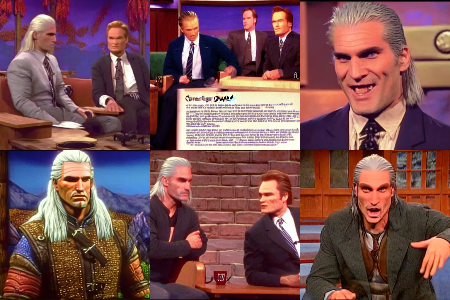 Prompt: Screencap of Geralt of Rivia's guest appearance on the Late Night with Conan O'Brien show in 1995, highly detailed, clear faces