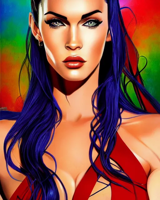 Image similar to portrait of megan fox, beautiful, elegant colorful, inspired by steel ball run manga, artstation trending, deviantart, highly detailed, focus, smooth, illustrated by hirohiko araki