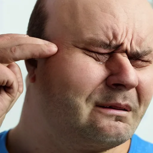 Prompt: a balding middle aged man crying
