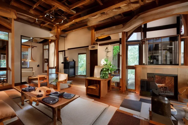 Image similar to modern Japanese living room, arched ceiling, luxurious wooden cottage, traditional, Japanese flower arrangements, high-tech devices, traditional fireplace, real estate photography