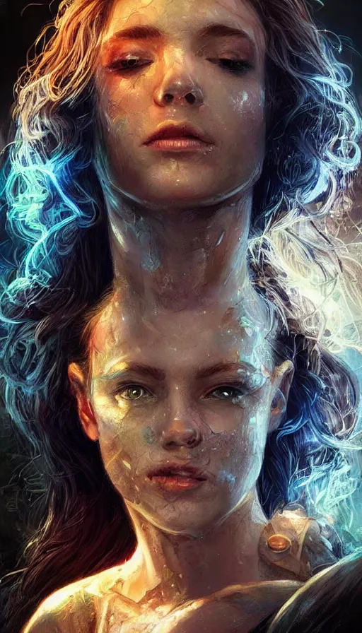 Image similar to string character, furious gorgeous woman, lord of the rings, cyberpunk, neon, fibonacci, sweat drops, insane, intricate, highly detailed, digital painting, artstation, concept art, smooth, sharp focus, illustration, Unreal Engine 5, 8K, art by artgerm and greg rutkowski and alphonse mucha