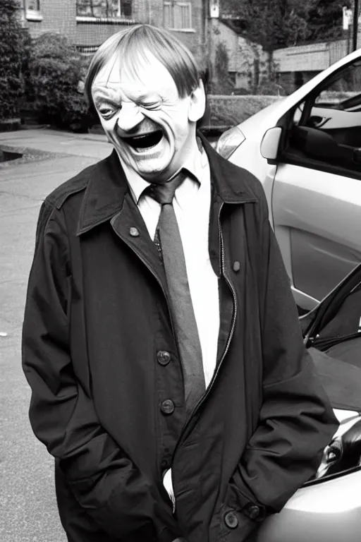 Image similar to Mark E Smith laughing at a Toyota Yaris car