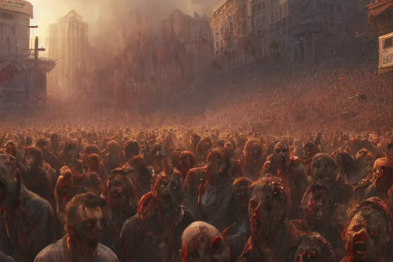 Prompt: a crowd of zombies watching a sports game, matte painting, long shot, concept art, wide shot, digital art, trending on artstation, 4 k, extremely detailed, realistic, midday, warm colors, golden sunlight, by greg rutkowski, cinematic, epic