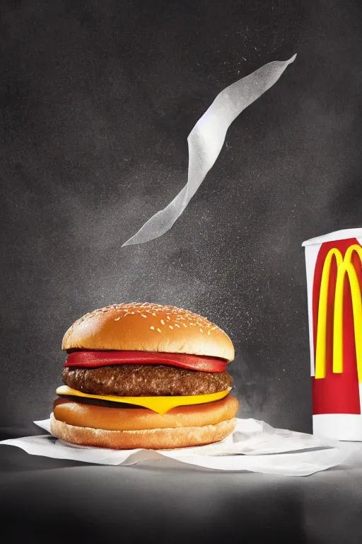 Prompt: mcdonalds hamburger smashed by a giant fist, commercial photography