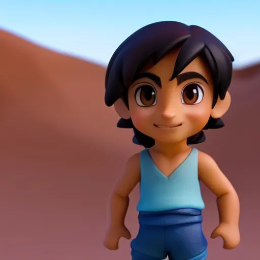 Prompt: profile view of young aladdin as nendoroid walking in a desert in the croods movie style, wearing typical clothes, 8 k, hd, dof, kodak film, volumetric lighting, subsurface scattering, photorealistic, octane render