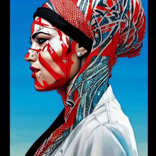 Prompt: a portrait of a saudi woman with side profile blood in ocean intricate details by MARVEL comics and Sandra Chevrier-C