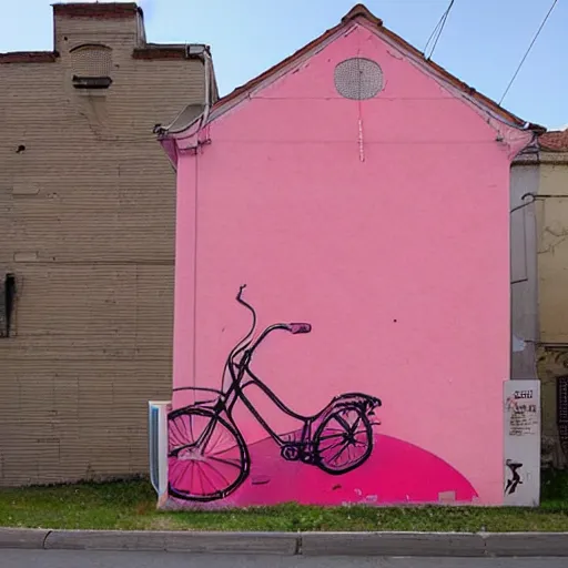 Prompt: a bicycle and a surfboard, pink and red, grafitti, street art by Etam cru