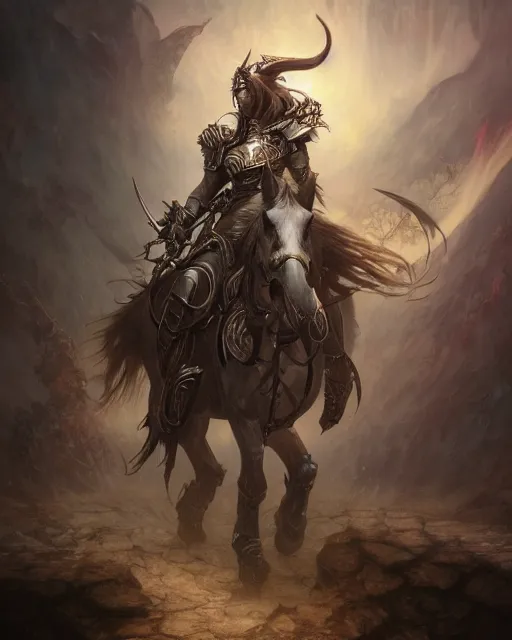 Image similar to Horse warrior, centered, portrait, symmetrical, Path of Exile, Diablo, Warhammer, digital painting, highly detailed, concept art, Nekro, Peter Mohrbacher, Alphonse Mucha, Brian Froud, Yoshitaka Amano, Kim Keever, Victo Ngai, James Jean