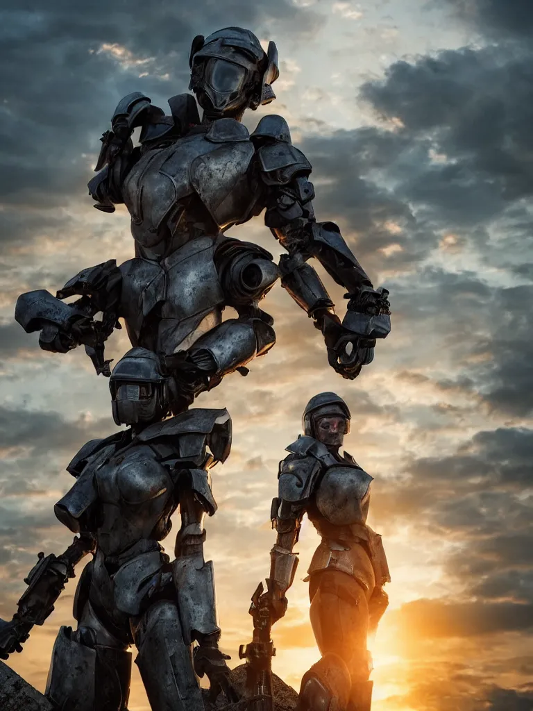 Image similar to emily blunt in futuristic power armor, close up portrait, solitary figure standing atop a pile of rubble, holding a sword on her shoulder, sunset and big clouds behind her