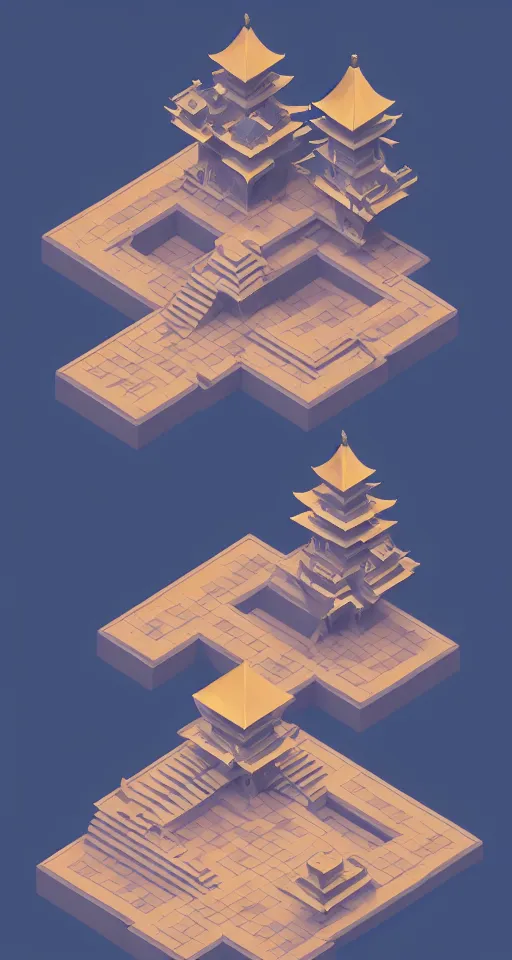 Image similar to geometric design isometric japanese temple with full blood-moon behind the top, trending on artstation, 3D render, monument valley