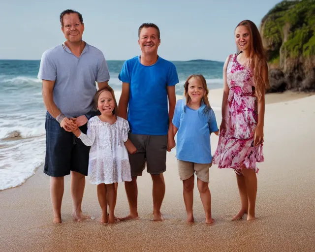 Image similar to happy father, mother, son, daughter, pose portrait on beach